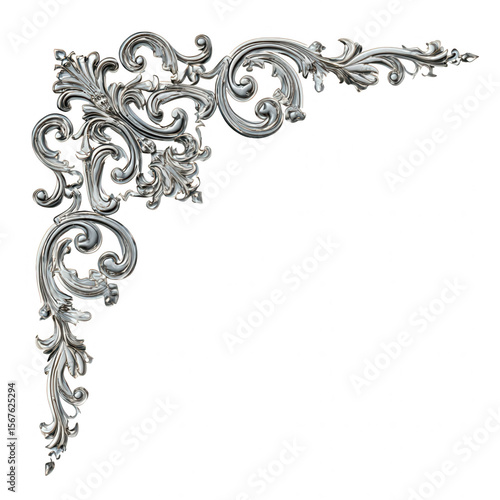 Silver ornamental corner with intricate filigree design and elegant swirling leaves, perfect for luxury decoration and vintage style embellishment in classic art projects