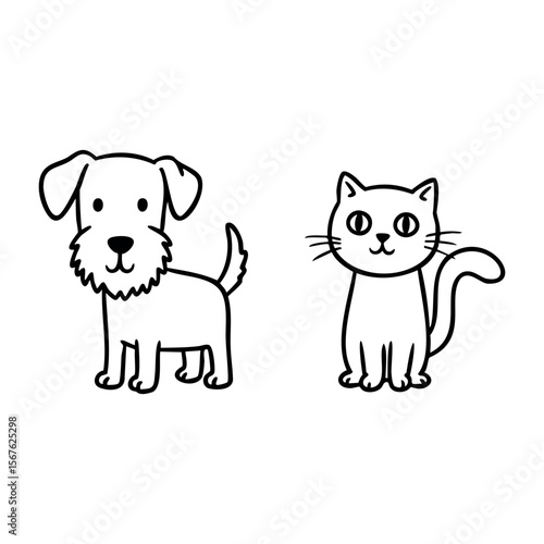 Simple line illustration of a dog and cat with expressive features. Vector hand-drawn doodle illustration