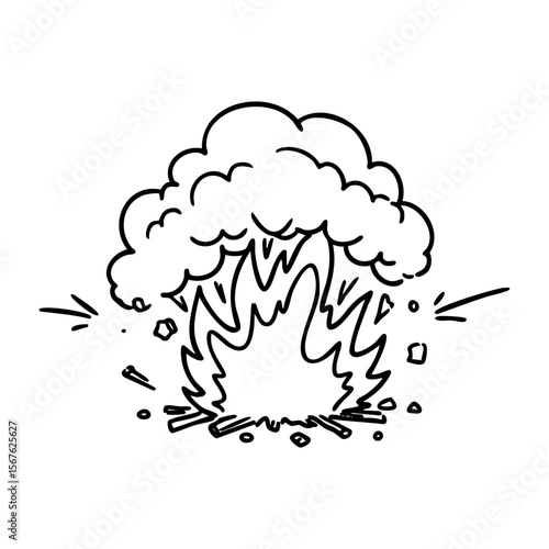 Cartoon explosion illustration with smoke and debris. Vector hand-drawn doodle illustration