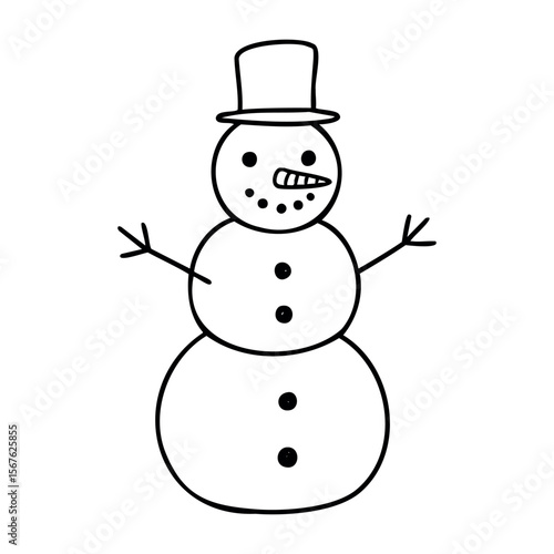 Snowman drawing with three snowballs and a top hat. Vector hand-drawn doodle illustration