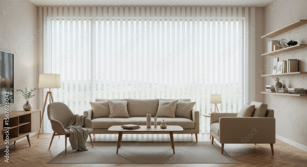 Fototapeta premium Beige living room with large windows