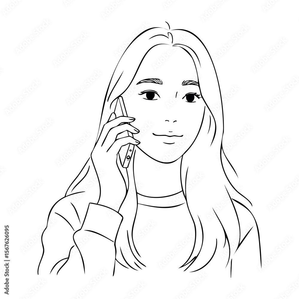 Asian young female talking on phone line art illustration. Vector hand-drawn doodle illustration Asian young female talking on phone line art illustration. Vector hand-drawn doodle illustration