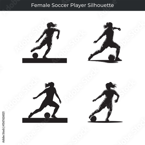 Dynamic silhouette illustrations show female soccer player in action kicking a ball