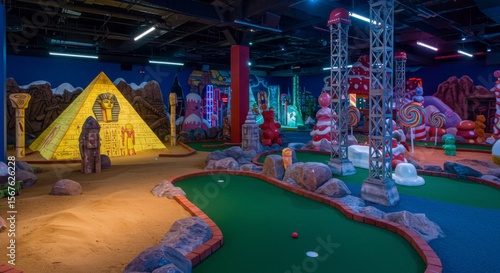 Mini golf course with a vibrant, whimsical design. Features include a pyramid and city skyline decorations