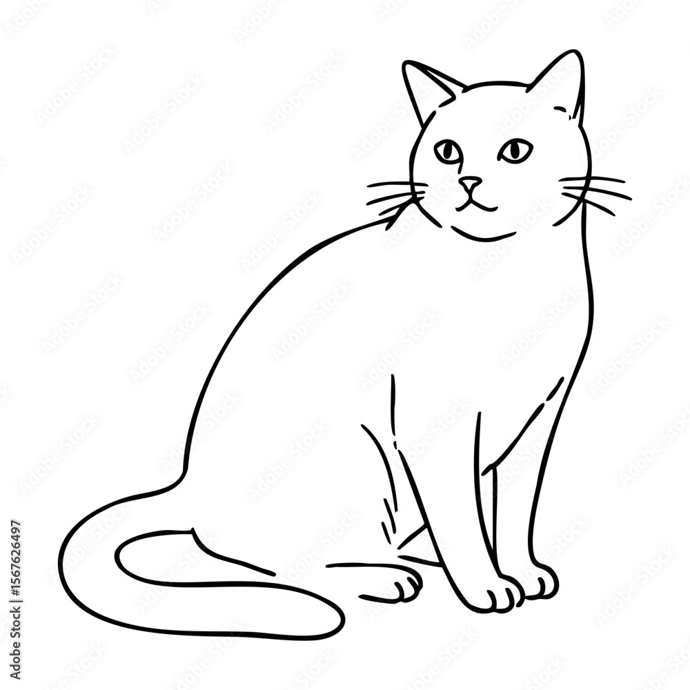 Obraz premium Outline drawing of a sitting cat with whiskers and tail highlight. Vector hand-drawn doodle illustration