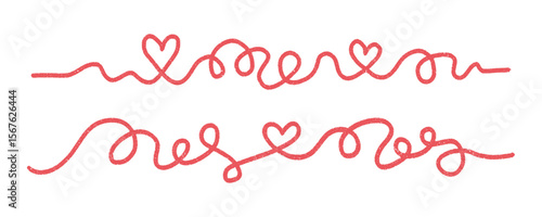 Flowing red lines with hearts set - continuous flowing thread that twists and turns. Raveled lines. Set romantic lines, hand drawn love doodle line. Kid chalk element, one line drawing hearts.