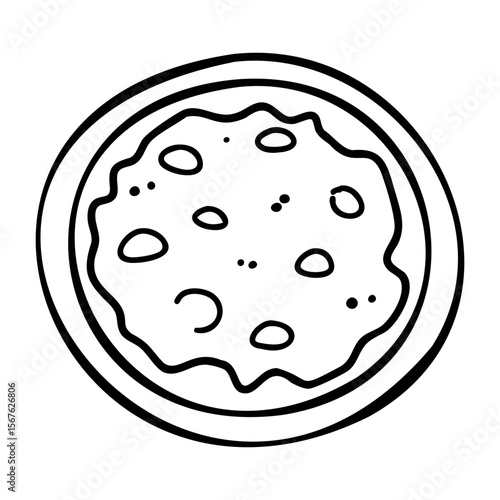 Hand-drawn cookie with chocolate chips on a plate. Vector hand-drawn doodle illustration