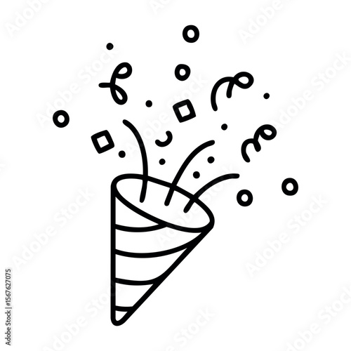 Celebration party popper icon with confetti and streamers. Vector hand-drawn doodle illustration