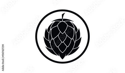 Monochromatic icon of a hop cone inside a circle on a white background