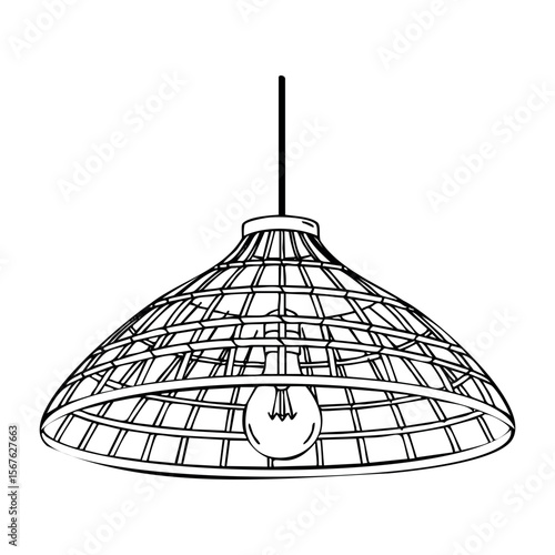 Wicker pendant light with bulb line drawing. Vector hand-drawn doodle illustration