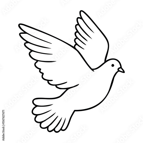 Black and white outline of a flying dove with outstretched wings. Vector hand-drawn doodle illustration