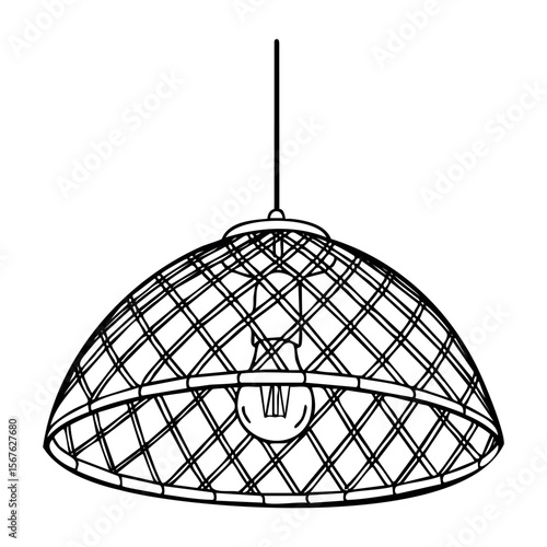 Woven wire pendant light with exposed bulb design. Vector hand-drawn doodle illustration