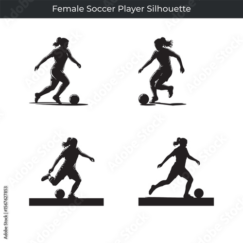 Dynamic silhouette illustrations of a female soccer player in action with soccer ball