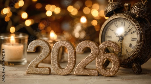 2026 new year celebration balloons gold gift box, background with gold sparkles and glitter and the inscription 2026. Happy New Year, Merry Christmas	
