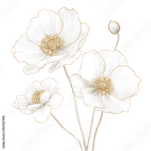 White anemone flower illustration with delicate gold line details and soft petals, creating elegant and vintage floral design perfect for decorative art and print projects