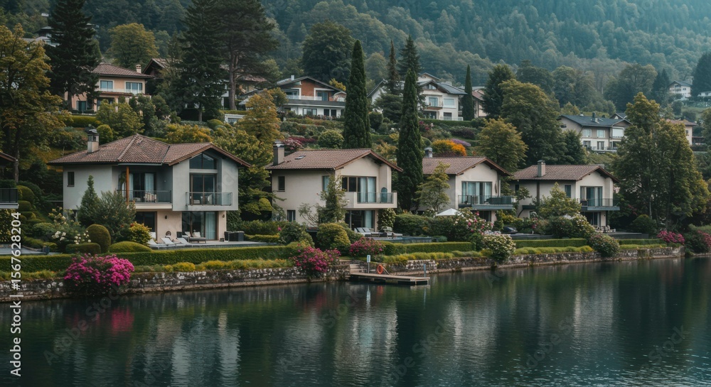 Obraz premium Picturesque lakefront homes nestled amongst lush greenery on a hillside