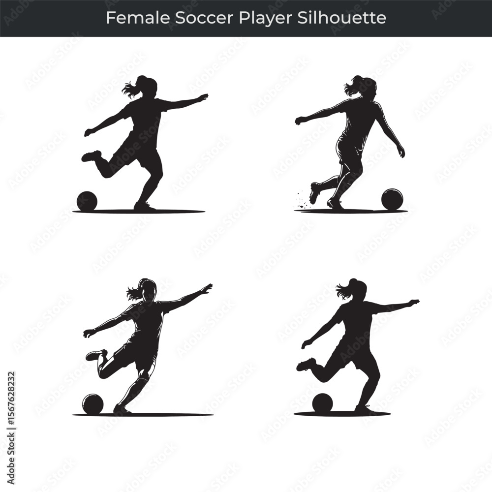Obraz premium Black silhouette images of female soccer players in action posing with soccer balls
