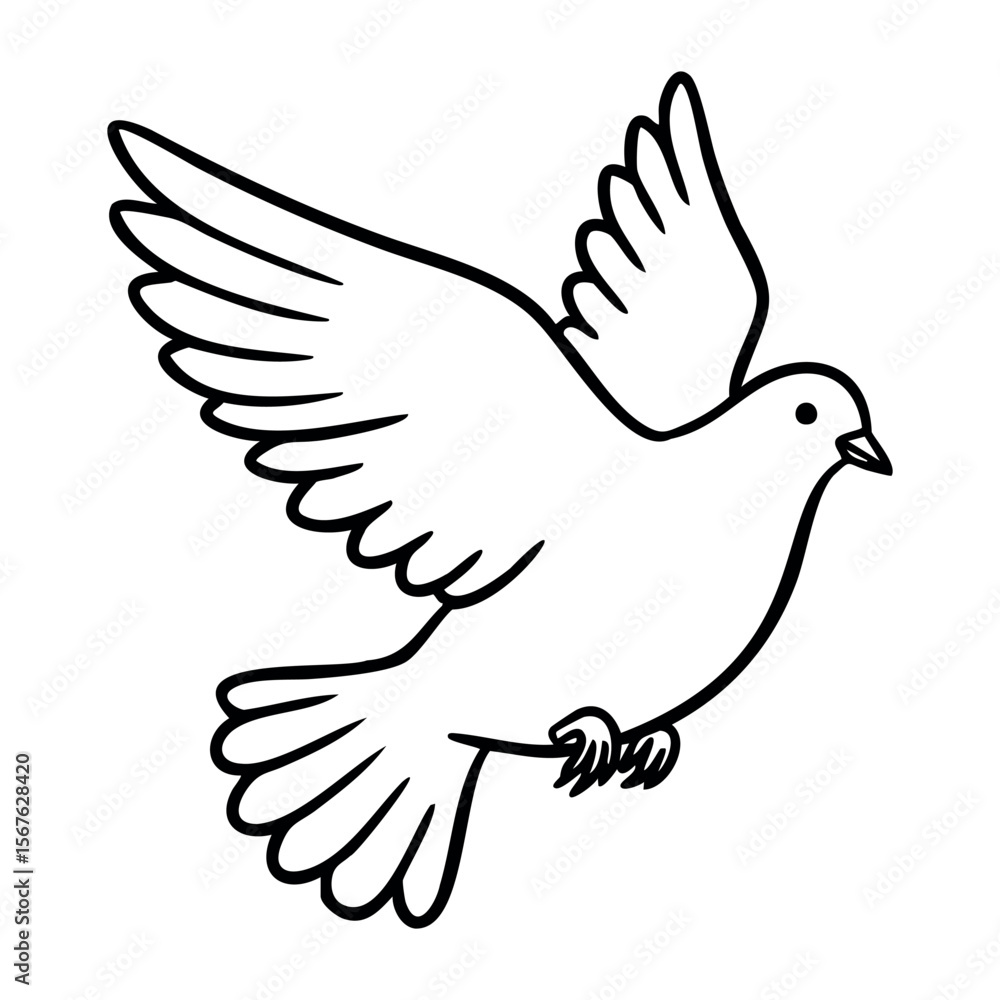 Obraz premium Line drawing of a dove with outstretched wings in flight. Vector hand-drawn doodle illustration