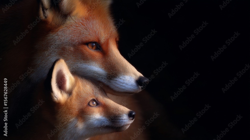 Fototapeta premium A close-up portrait of two foxes with striking features. The adult fox shows wisdom and grace, while the young one embodies curiosity. Perfect for wildlife art. AI