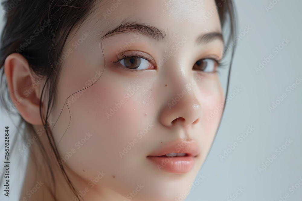Fototapeta premium しっとりとした肌質を捉えた日本人女性の顔アップ写真