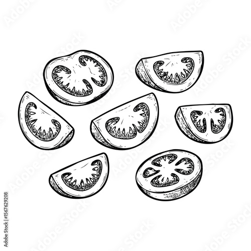 Hand-drawn tomato slices in black and white sketchy style. Vector hand-drawn doodle illustration