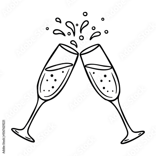 Two champagne glasses clinking with splash. Vector hand-drawn doodle illustration