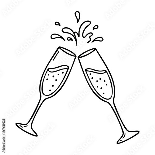 Line art of two toasting champagne glasses with splashing bubbles. Vector hand-drawn doodle illustration