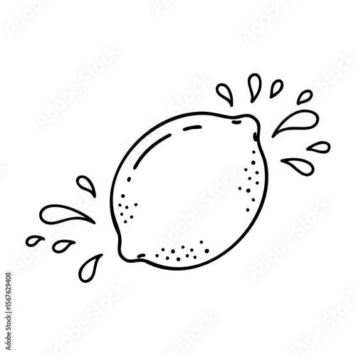 Line art of a lemon with splashing juice droplets. Vector hand-drawn doodle illustration