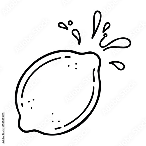 Hand-drawn lemon with juice droplets and splash effects. Vector hand-drawn doodle illustration