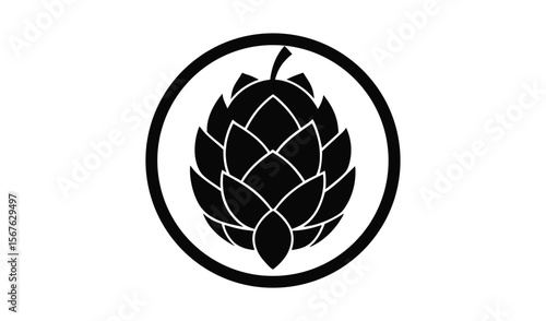 Stylized black hop cone emblem inside a circle on a white background