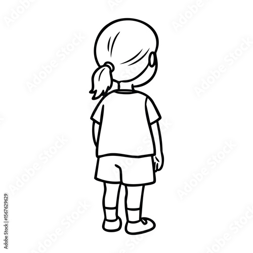 Young caucasian female child cartoon character from behind. Vector hand-drawn doodle illustration