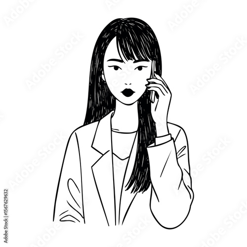 Asian female young professional on phone illustration. Vector hand-drawn doodle illustration