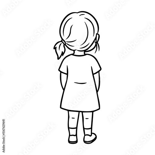 Young caucasian female child with pigtails standing in dress outline. Vector hand-drawn doodle illustration