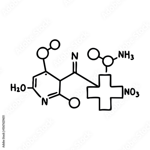 Chemical structure of a complex compound with nitrogen and hydroxyl groups. Vector hand-drawn doodle illustration