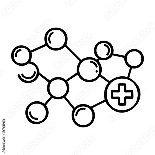 Abstract molecular structure with medical cross symbol in line art style. Vector hand-drawn doodle illustration