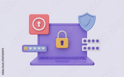 3D Illustration Secure Online Privacy & Data Protection with Laptop and Security Icons
