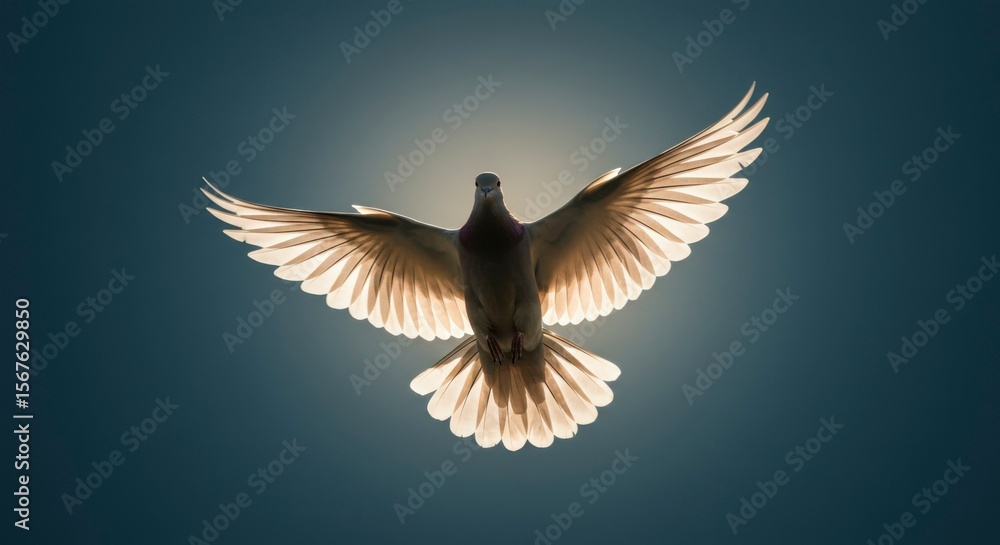 Fototapeta premium Dove in flight, illuminated