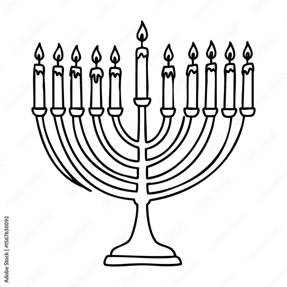 Outline drawing of a nine-branched menorah with lit candles. Vector hand-drawn doodle illustration Outline drawing of a nine-branched menorah with lit candles. Vector hand-drawn doodle illustration