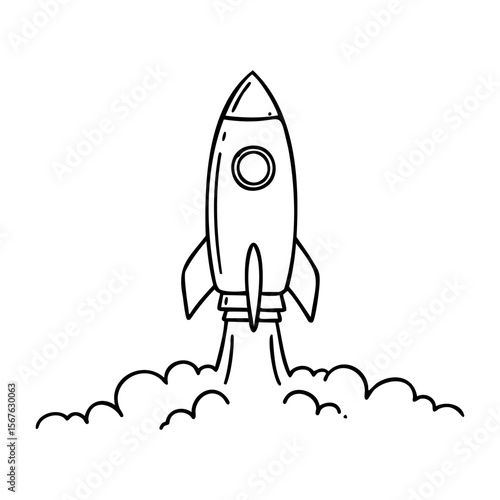 Rocket launching: simple black and white line art of spacecraft liftoff. Vector hand-drawn doodle illustration