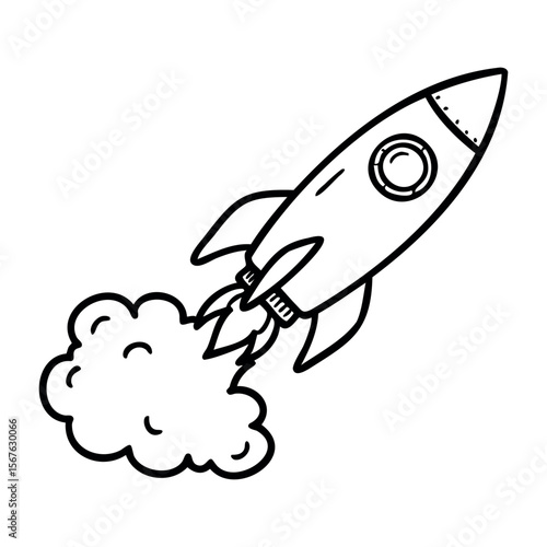 Line art of flying rocket with smoke trail. Vector hand-drawn doodle illustration