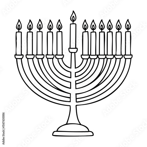 Illustrated menorah with nine lit candles for hanukkah celebration. Vector hand-drawn doodle illustration