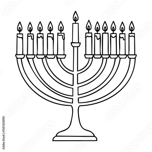 Hanukkah menorah with nine lit candles for jewish celebration. Vector hand-drawn doodle illustration
