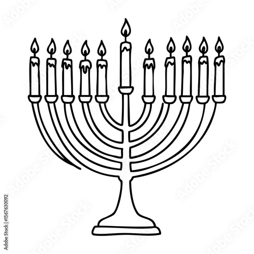 Outline drawing of a nine-branched menorah with lit candles. Vector hand-drawn doodle illustration