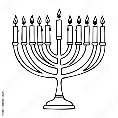 Illustration of lit hanukkah menorah with nine candles. Vector hand-drawn doodle illustration