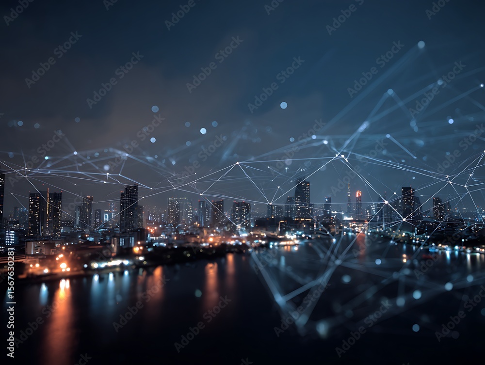 Fototapeta premium Night Cityscape: Futuristic Smart City Network, Illuminated Skyline, Digital Connections, Abstract Technology, Modern Urban Development, Dark Moody Atmosphere.