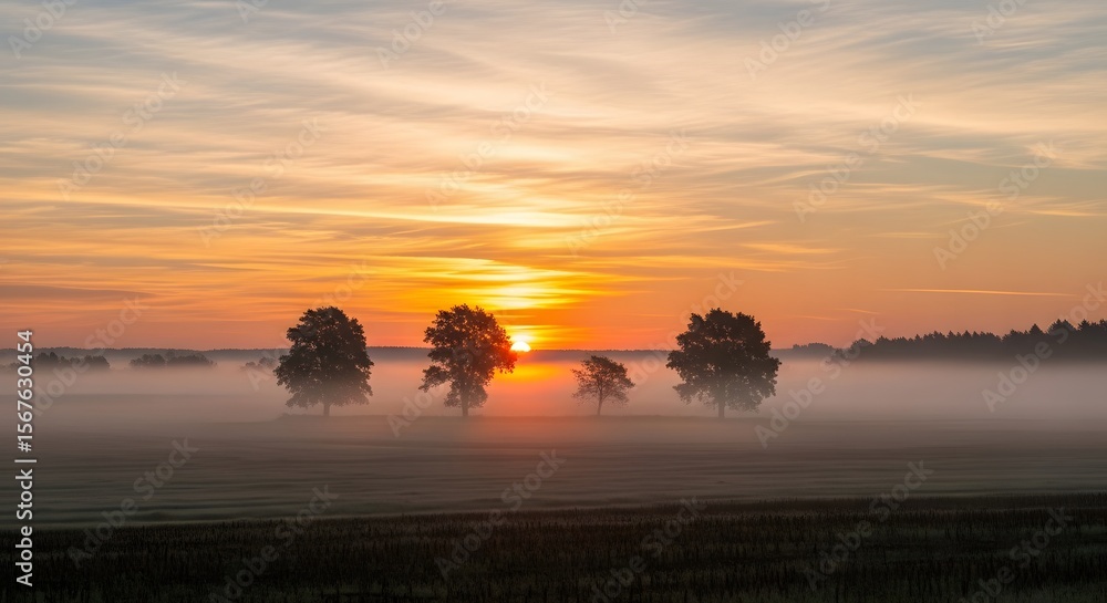 Silhouetted trees stand in a misty field as the sun rises, painting the sky with warm colors. Silhouetted trees stand in a misty field as the sun rises, painting the sky with warm colors.