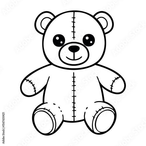 Cute teddy bear toy line art with button eyes and stitch details. Vector hand-drawn doodle illustration