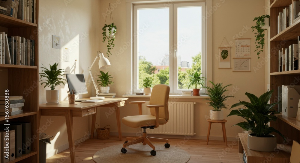 Fototapeta premium Cozy home office with natural light and greenery
