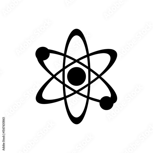 Fundamental Black Atom Science Symbol Silhouette on a Bright White Background Graphic