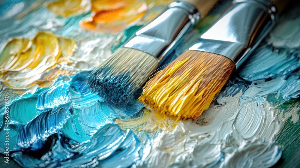 Paintbrushes on a vibrant art palette Paintbrushes on a vibrant art palette